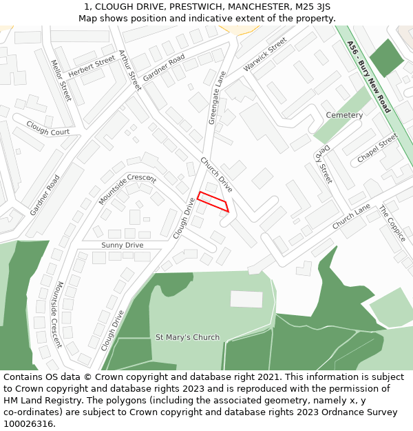 1, CLOUGH DRIVE, PRESTWICH, MANCHESTER, M25 3JS: Location map and indicative extent of plot