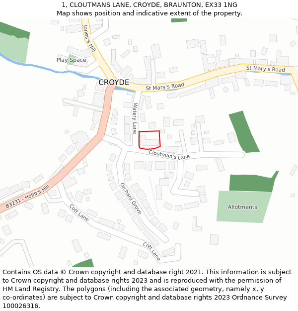 1, CLOUTMANS LANE, CROYDE, BRAUNTON, EX33 1NG: Location map and indicative extent of plot