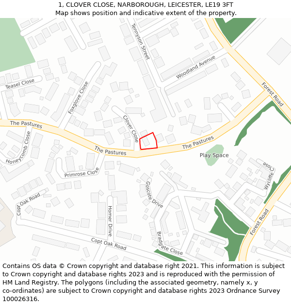 1, CLOVER CLOSE, NARBOROUGH, LEICESTER, LE19 3FT: Location map and indicative extent of plot