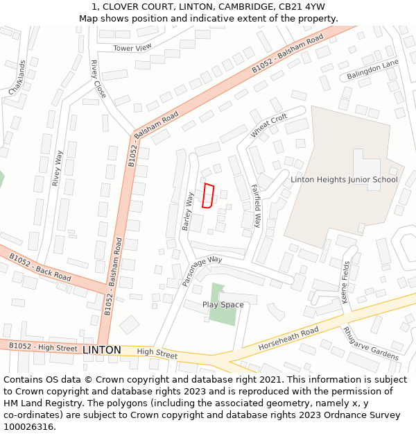 1, CLOVER COURT, LINTON, CAMBRIDGE, CB21 4YW: Location map and indicative extent of plot