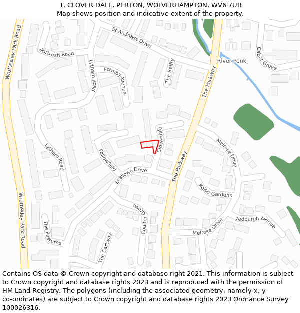 1, CLOVER DALE, PERTON, WOLVERHAMPTON, WV6 7UB: Location map and indicative extent of plot