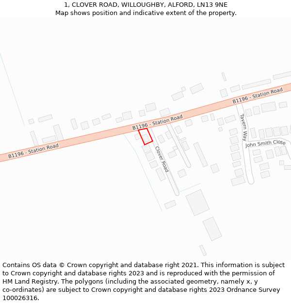 1, CLOVER ROAD, WILLOUGHBY, ALFORD, LN13 9NE: Location map and indicative extent of plot