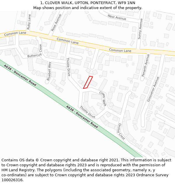 1, CLOVER WALK, UPTON, PONTEFRACT, WF9 1NN: Location map and indicative extent of plot