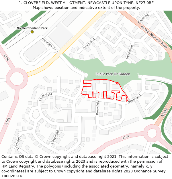 1, CLOVERFIELD, WEST ALLOTMENT, NEWCASTLE UPON TYNE, NE27 0BE: Location map and indicative extent of plot