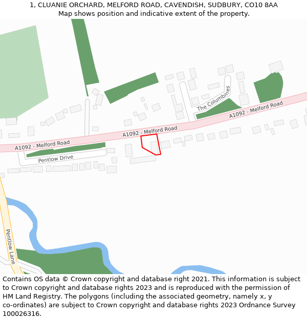 1, CLUANIE ORCHARD, MELFORD ROAD, CAVENDISH, SUDBURY, CO10 8AA: Location map and indicative extent of plot