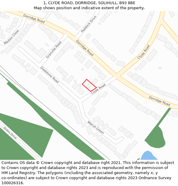 1, CLYDE ROAD, DORRIDGE, SOLIHULL, B93 8BE: Location map and indicative extent of plot