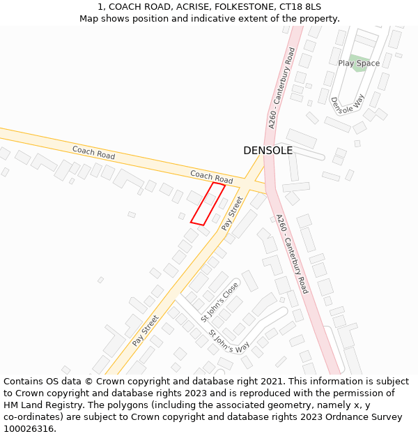 1, COACH ROAD, ACRISE, FOLKESTONE, CT18 8LS: Location map and indicative extent of plot