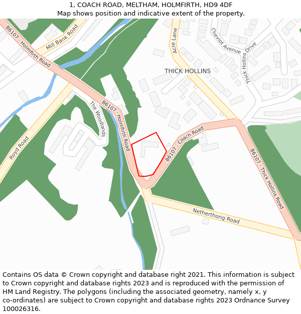 1, COACH ROAD, MELTHAM, HOLMFIRTH, HD9 4DF: Location map and indicative extent of plot