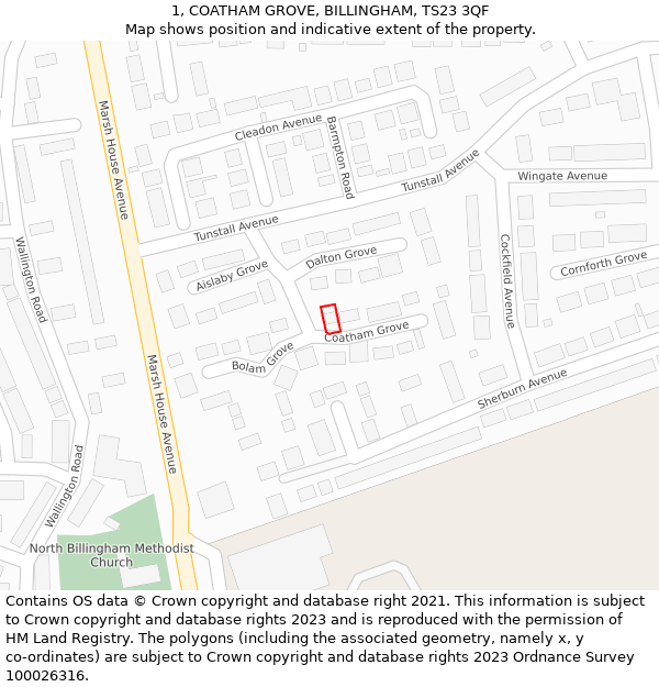 1, COATHAM GROVE, BILLINGHAM, TS23 3QF: Location map and indicative extent of plot