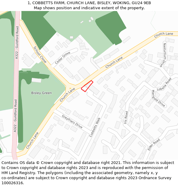 1, COBBETTS FARM, CHURCH LANE, BISLEY, WOKING, GU24 9EB: Location map and indicative extent of plot