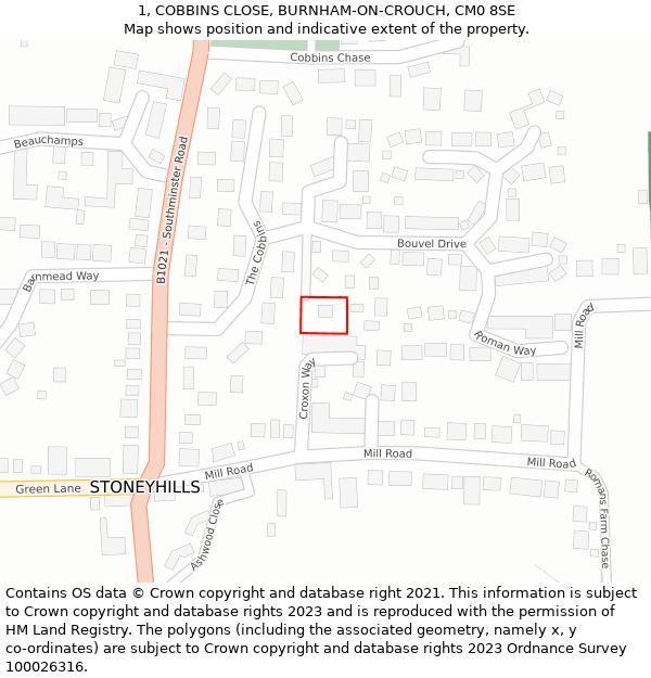 1, COBBINS CLOSE, BURNHAM-ON-CROUCH, CM0 8SE: Location map and indicative extent of plot