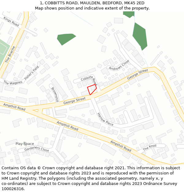 1, COBBITTS ROAD, MAULDEN, BEDFORD, MK45 2ED: Location map and indicative extent of plot