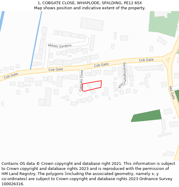 1, COBGATE CLOSE, WHAPLODE, SPALDING, PE12 6SX: Location map and indicative extent of plot