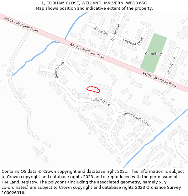 1, COBHAM CLOSE, WELLAND, MALVERN, WR13 6SG: Location map and indicative extent of plot