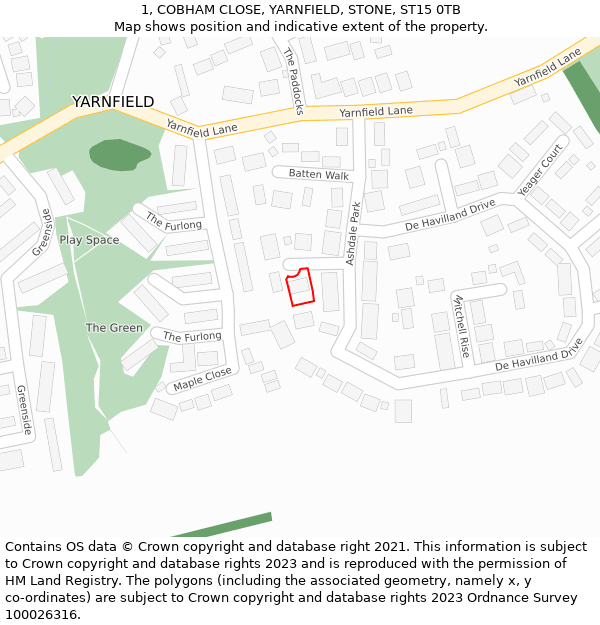 1, COBHAM CLOSE, YARNFIELD, STONE, ST15 0TB: Location map and indicative extent of plot