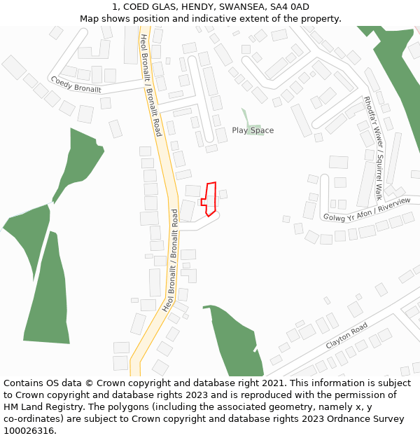 1, COED GLAS, HENDY, SWANSEA, SA4 0AD: Location map and indicative extent of plot