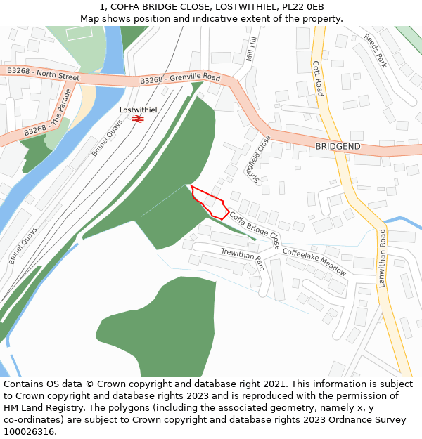 1, COFFA BRIDGE CLOSE, LOSTWITHIEL, PL22 0EB: Location map and indicative extent of plot
