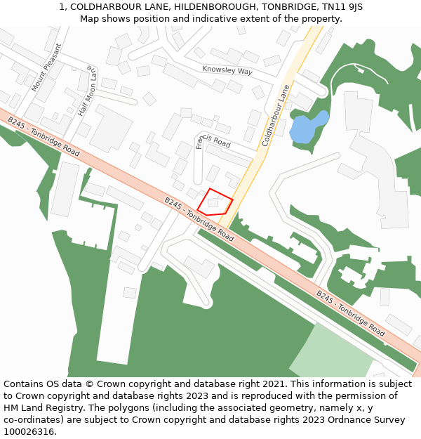 1, COLDHARBOUR LANE, HILDENBOROUGH, TONBRIDGE, TN11 9JS: Location map and indicative extent of plot