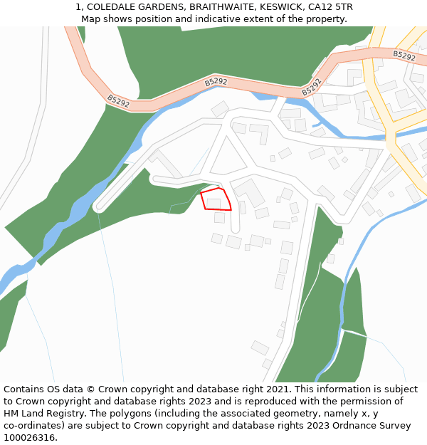 1, COLEDALE GARDENS, BRAITHWAITE, KESWICK, CA12 5TR: Location map and indicative extent of plot
