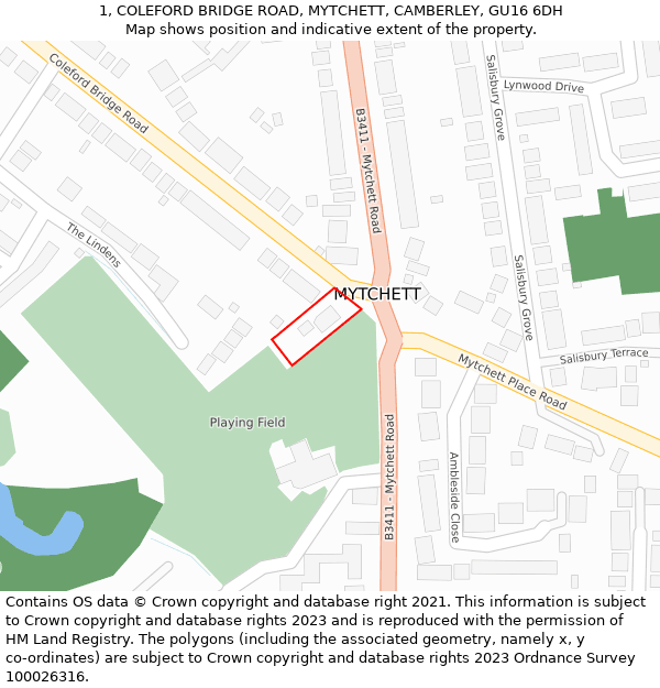 1, COLEFORD BRIDGE ROAD, MYTCHETT, CAMBERLEY, GU16 6DH: Location map and indicative extent of plot