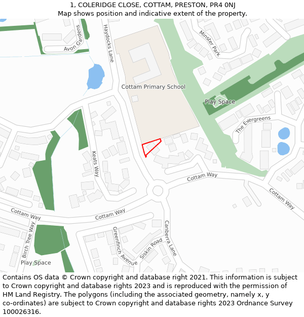 1, COLERIDGE CLOSE, COTTAM, PRESTON, PR4 0NJ: Location map and indicative extent of plot