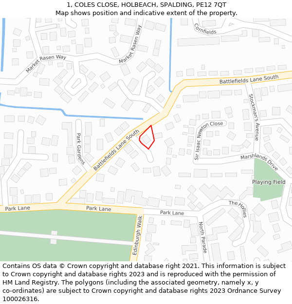 1, COLES CLOSE, HOLBEACH, SPALDING, PE12 7QT: Location map and indicative extent of plot