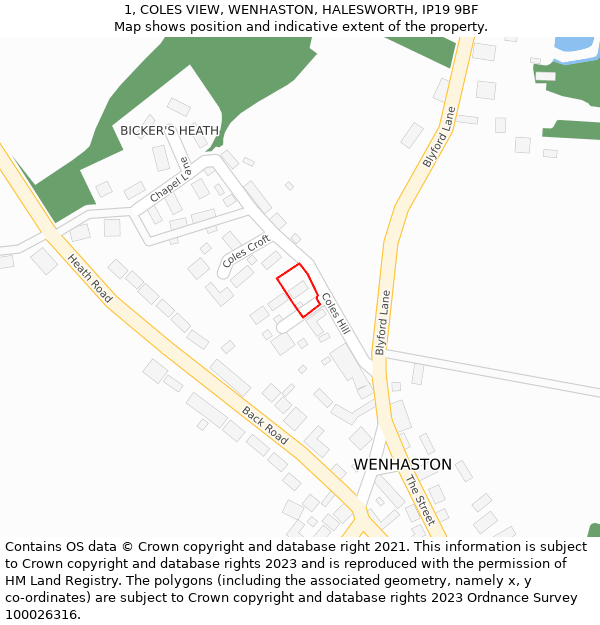 1, COLES VIEW, WENHASTON, HALESWORTH, IP19 9BF: Location map and indicative extent of plot