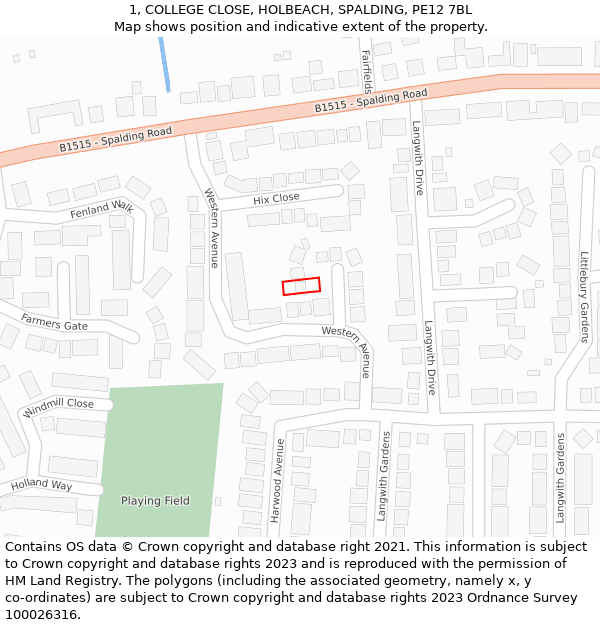 1, COLLEGE CLOSE, HOLBEACH, SPALDING, PE12 7BL: Location map and indicative extent of plot