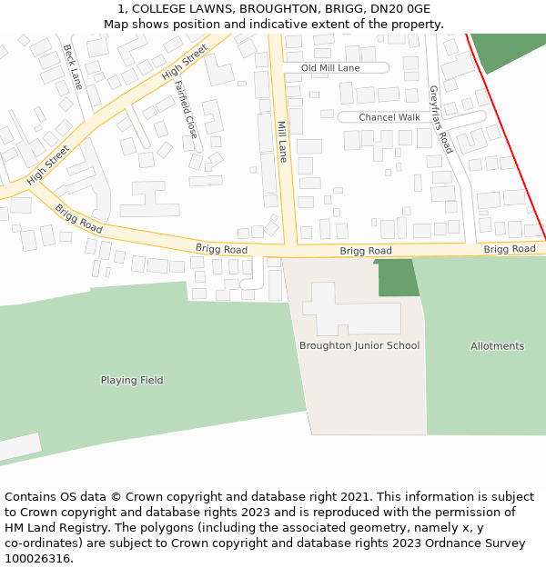 1, COLLEGE LAWNS, BROUGHTON, BRIGG, DN20 0GE: Location map and indicative extent of plot