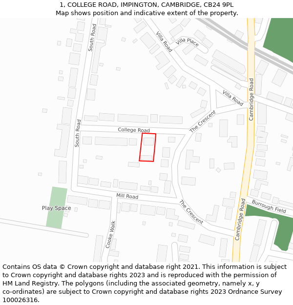 1, COLLEGE ROAD, IMPINGTON, CAMBRIDGE, CB24 9PL: Location map and indicative extent of plot