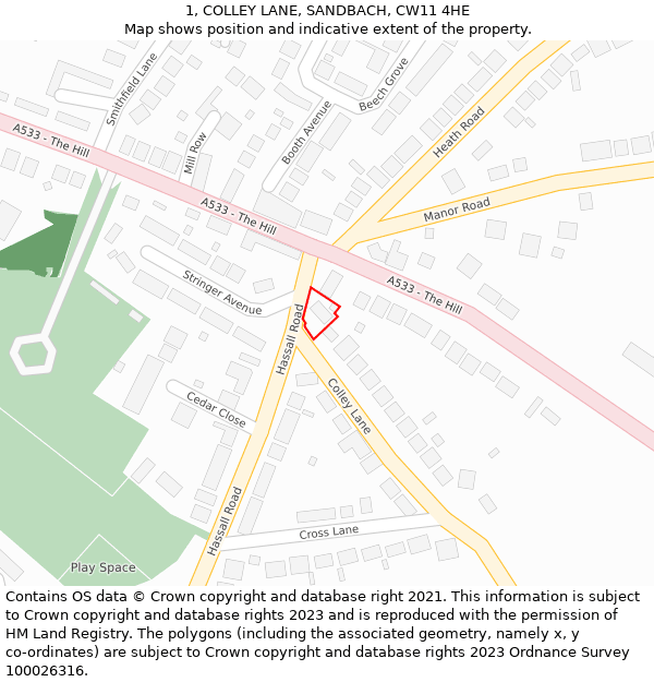 1, COLLEY LANE, SANDBACH, CW11 4HE: Location map and indicative extent of plot