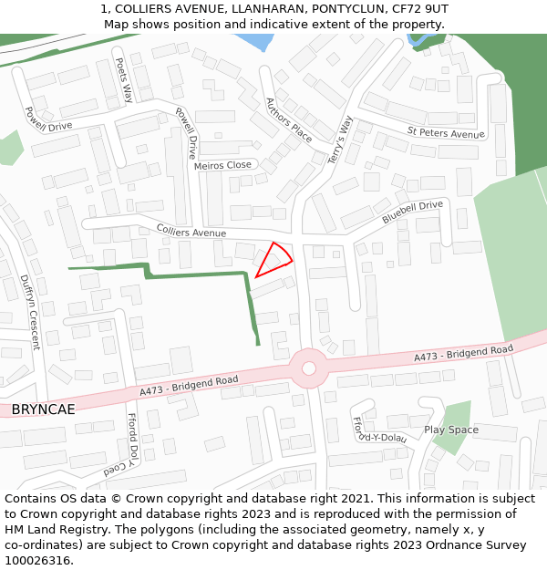 1, COLLIERS AVENUE, LLANHARAN, PONTYCLUN, CF72 9UT: Location map and indicative extent of plot