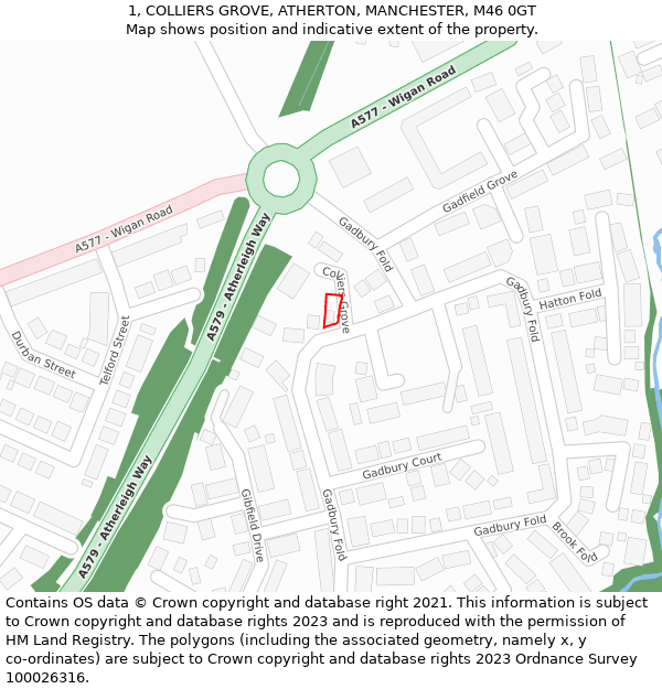 1, COLLIERS GROVE, ATHERTON, MANCHESTER, M46 0GT: Location map and indicative extent of plot