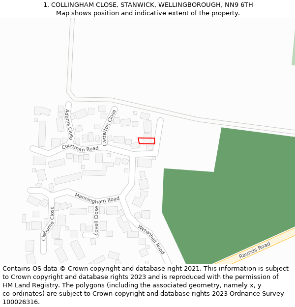 1, COLLINGHAM CLOSE, STANWICK, WELLINGBOROUGH, NN9 6TH: Location map and indicative extent of plot