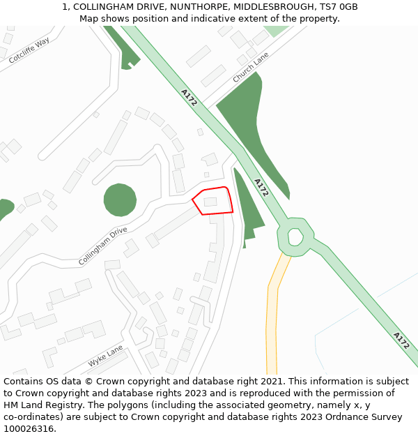 1, COLLINGHAM DRIVE, NUNTHORPE, MIDDLESBROUGH, TS7 0GB: Location map and indicative extent of plot