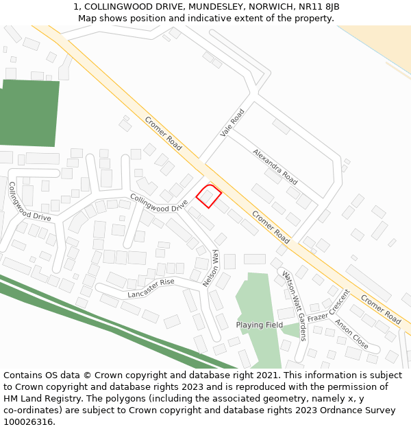 1, COLLINGWOOD DRIVE, MUNDESLEY, NORWICH, NR11 8JB: Location map and indicative extent of plot