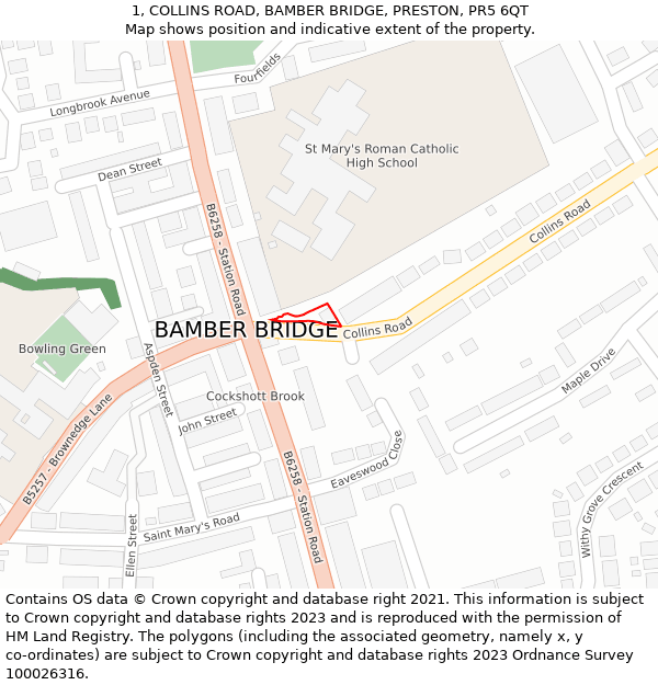 1, COLLINS ROAD, BAMBER BRIDGE, PRESTON, PR5 6QT: Location map and indicative extent of plot