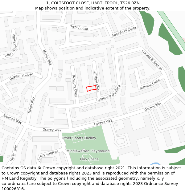 1, COLTSFOOT CLOSE, HARTLEPOOL, TS26 0ZN: Location map and indicative extent of plot