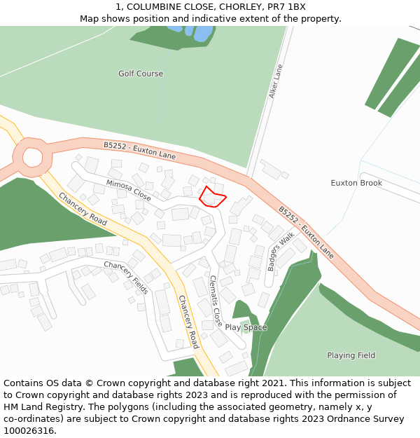 1, COLUMBINE CLOSE, CHORLEY, PR7 1BX: Location map and indicative extent of plot