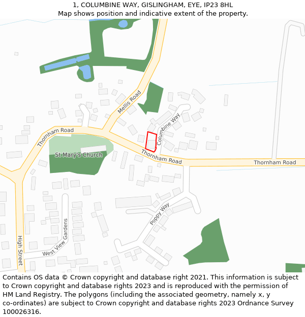 1, COLUMBINE WAY, GISLINGHAM, EYE, IP23 8HL: Location map and indicative extent of plot