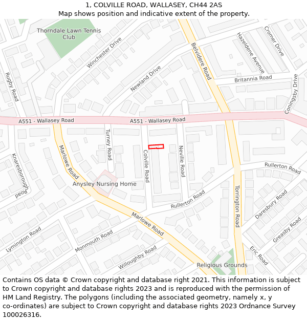 1, COLVILLE ROAD, WALLASEY, CH44 2AS: Location map and indicative extent of plot