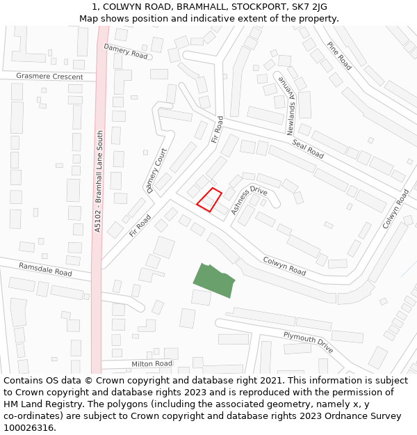 1, COLWYN ROAD, BRAMHALL, STOCKPORT, SK7 2JG: Location map and indicative extent of plot