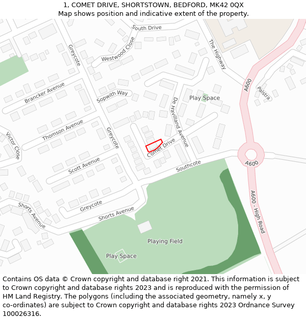 1, COMET DRIVE, SHORTSTOWN, BEDFORD, MK42 0QX: Location map and indicative extent of plot