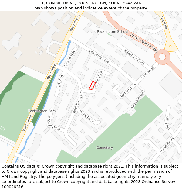 1, COMRIE DRIVE, POCKLINGTON, YORK, YO42 2XN: Location map and indicative extent of plot