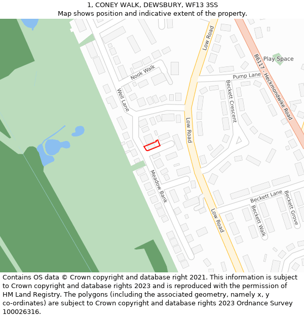 1, CONEY WALK, DEWSBURY, WF13 3SS: Location map and indicative extent of plot