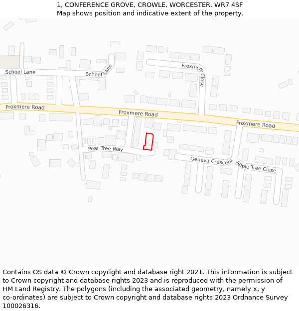 1, CONFERENCE GROVE, CROWLE, WORCESTER, WR7 4SF: Location map and indicative extent of plot