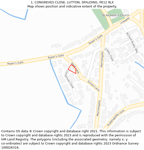 1, CONGREVES CLOSE, LUTTON, SPALDING, PE12 9LX: Location map and indicative extent of plot