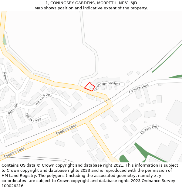 1, CONINGSBY GARDENS, MORPETH, NE61 6JD: Location map and indicative extent of plot
