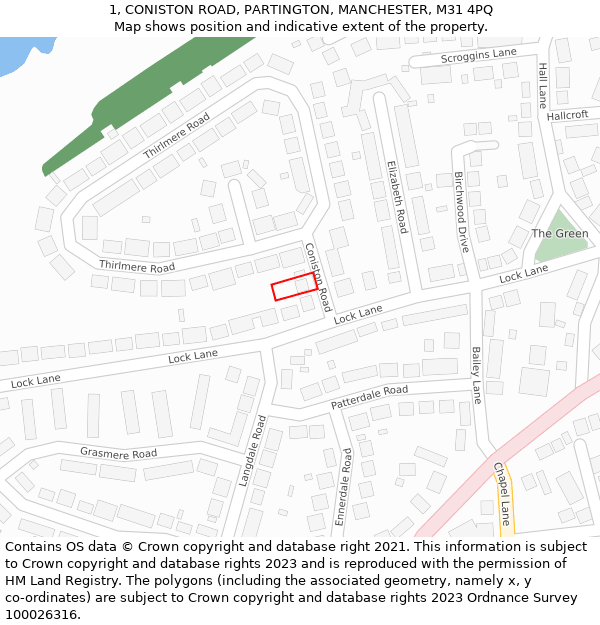 1, CONISTON ROAD, PARTINGTON, MANCHESTER, M31 4PQ: Location map and indicative extent of plot