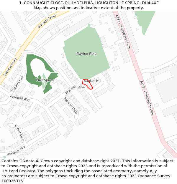 1, CONNAUGHT CLOSE, PHILADELPHIA, HOUGHTON LE SPRING, DH4 4XF: Location map and indicative extent of plot